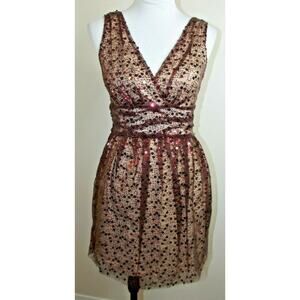 C. LUCE Womens Sequin Party DRESS - Size SMALL - Nude Lined Over Sheer Burgundy